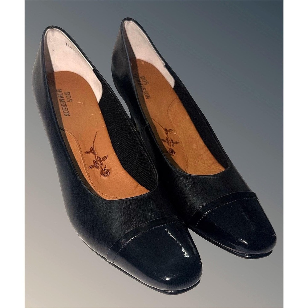 Ros Hommerson Womens Black Leather Patent Cap Toe Kitten Heel Pumps H41071 7N